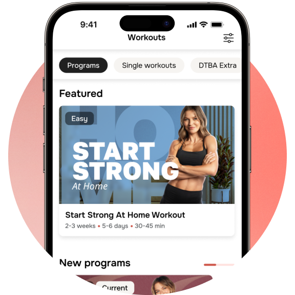 Workouts tab in the Diet & Training by Ann app with the Start Strong At Home plan
